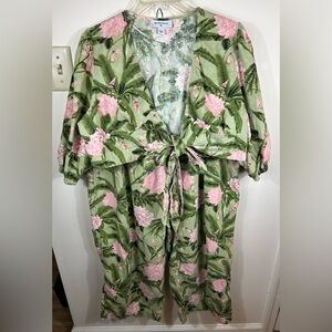 Agua Bendita Green and Pink Floral Kimono